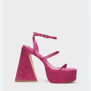 Miss Lola Asking For Drama rhinestone-embellished hot pink satin block heels 6.5